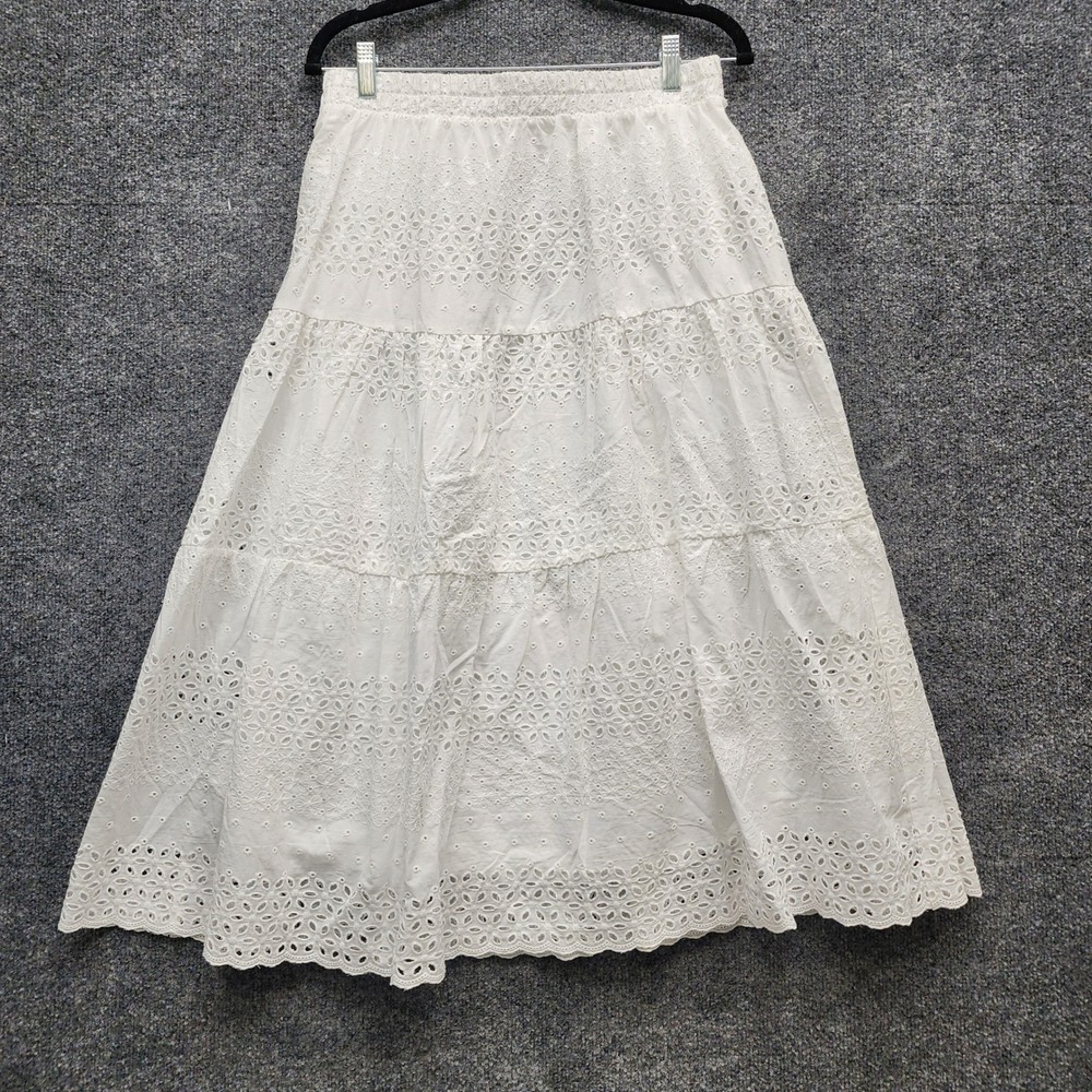 NWT Laura Ashley Womens White Eyelet Cotton Tiered Midi Skirt Boho Cottagecore L